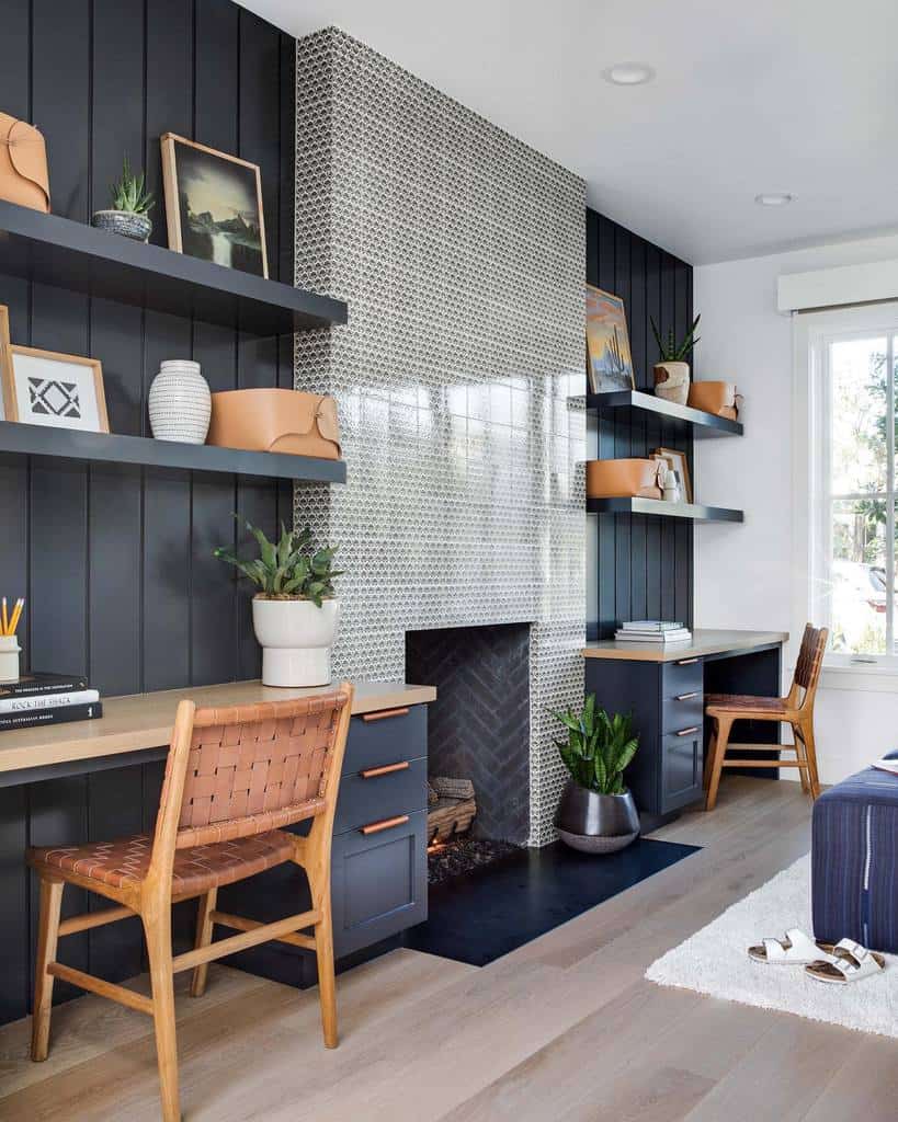 office wall shelf ideas fireplace blue cabinets