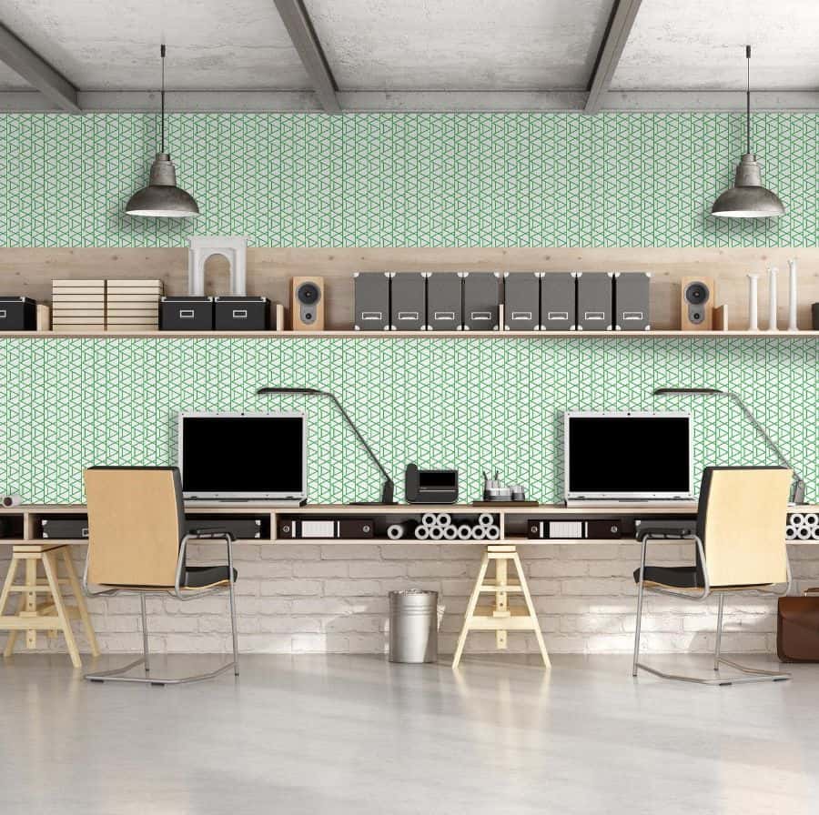 large open space office setup wall desk and shelves dual chairs and computers green pattern wallpaper