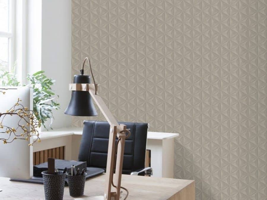 unique pattern wallpaper office setup wood desk black chair