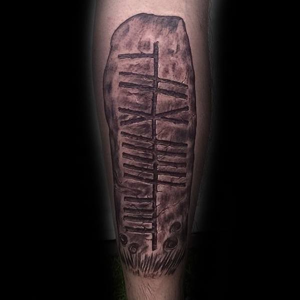 Ogham Mens Stone Leg Tattoo Designs