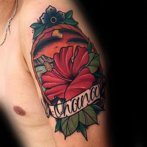 Ohana Mens Hibiscus Flower Upper Arm Old School Tattoo