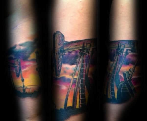 Oilfield Sunset Male Forearm Quarter Sleeve Tattoo Ideas
