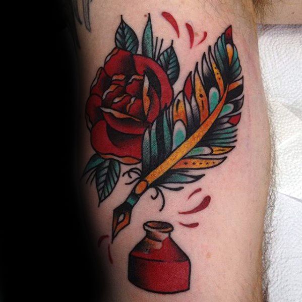 Old Chool Traditional Leg Side Quill Male Tattoo Designs