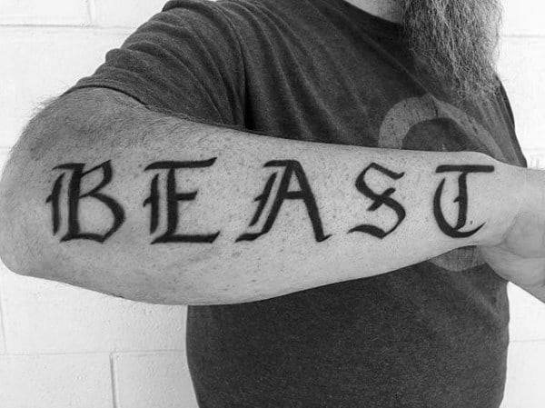 Old English Beast Mens Outer Forearm Tattoo
