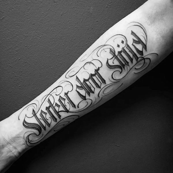 Old English Guys Inenr Forearm Tattoo Design Ideas