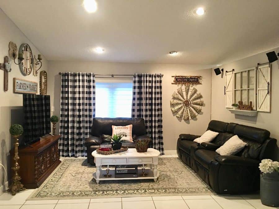 farmhouse style living room black leather sofas wood cabinet with tv black and white curtains