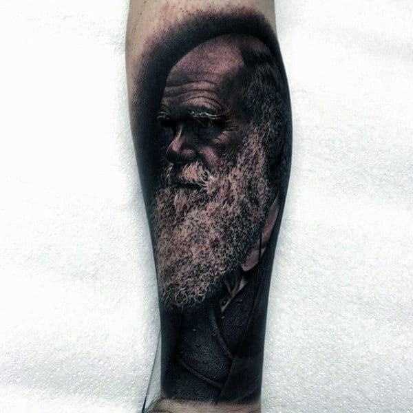 Old Man Inner Forearm Mens Black Ink Shaded Portrait Tattoos