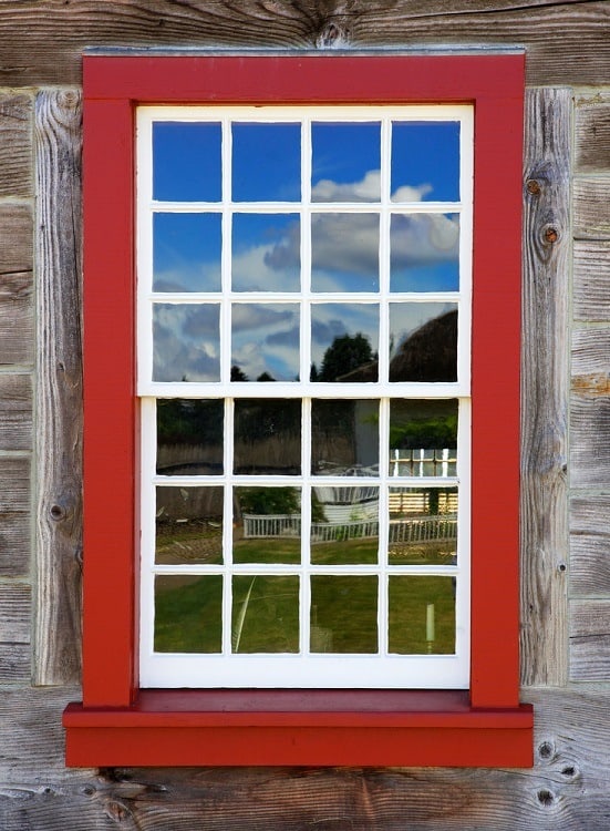 old red and white window on vintage wood exterior window trim ideas
