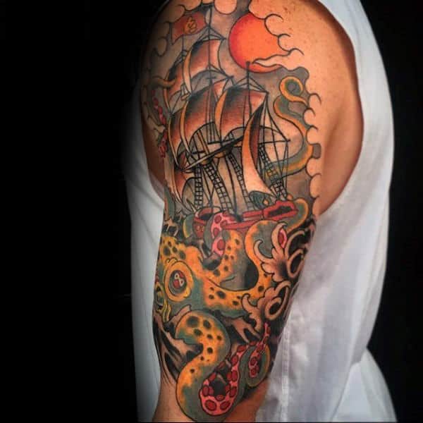 Old Schol Male Kraken Half Sleeve Tattoo Desin Ideas
