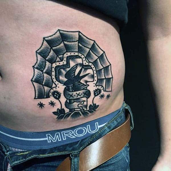 Old School American Traditional Tombstone Mens Tattoos On Ribs