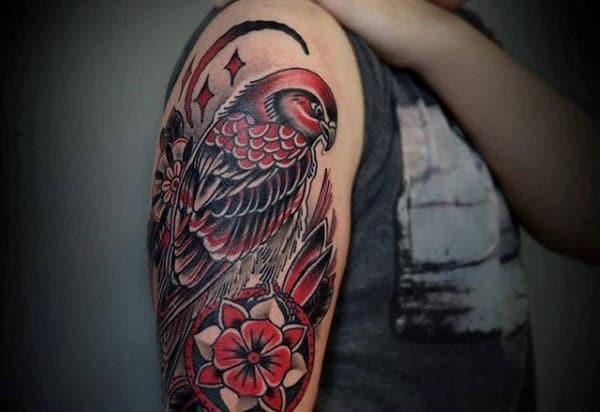 Old School American Traditional Upper Arm Falcon Tattoos For Guys
