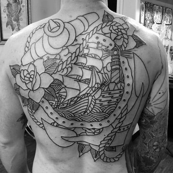 Old School Anchor Nautical Themed Back Tattoos For Men