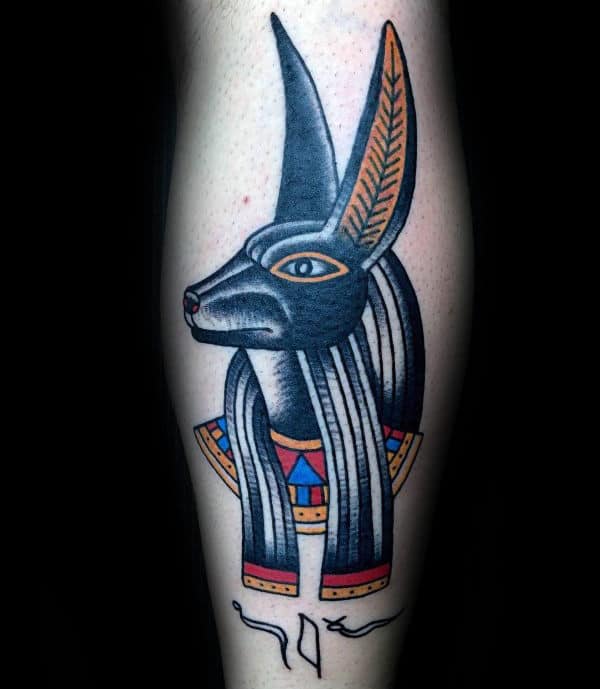 Old School Anubis Head Mens Leg Calf Tattoos