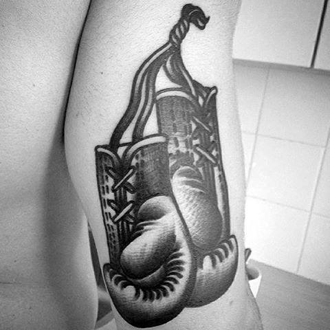 Old School Arm Boxing Gloves Tattoo On Man