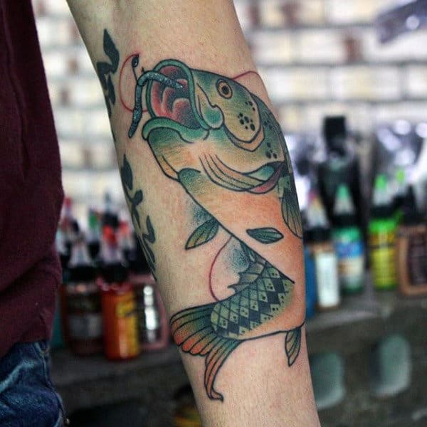 Old School Bass Tattoo With Lots Of Color On Mans Forearm