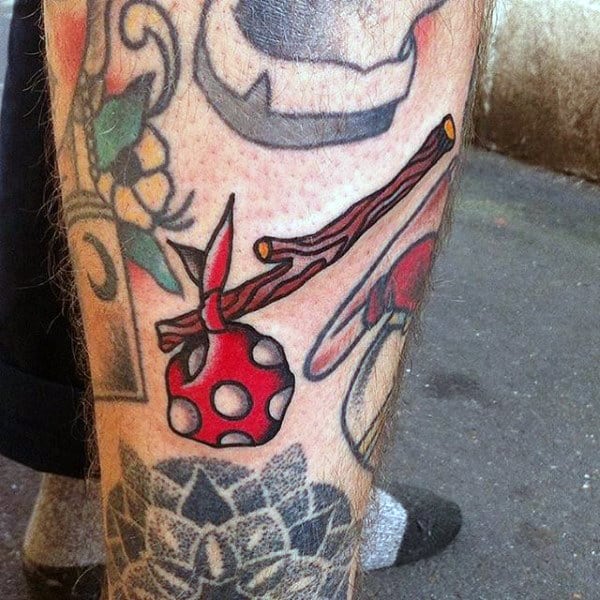 Old School Bindle Hobo Stick Travel Tattoo On Mans Leg