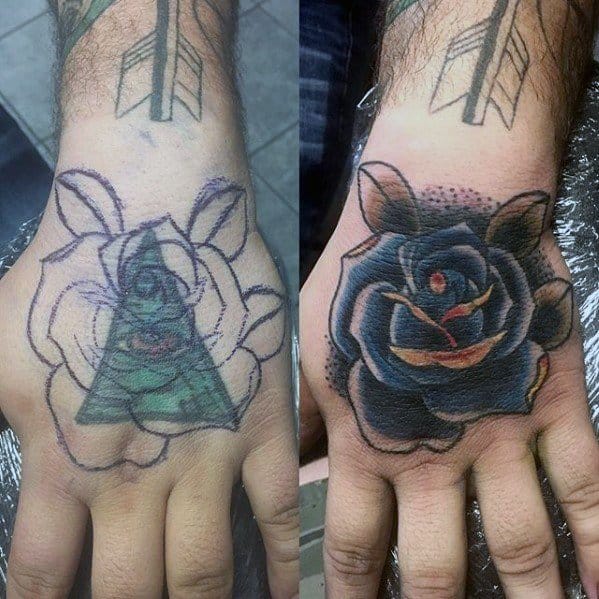 Old School Blue Rose Flower Tattoo Cover Up Ideas On Hands For Men