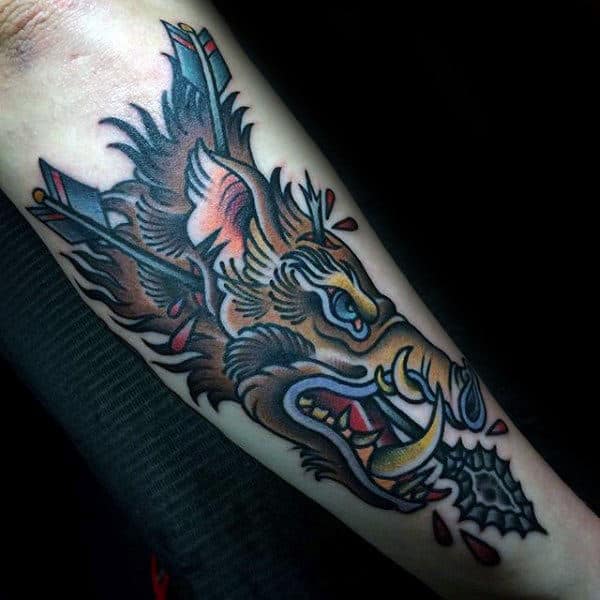 Old School Boar Arrow Tattoo For Gentlemen On Outer Forearm