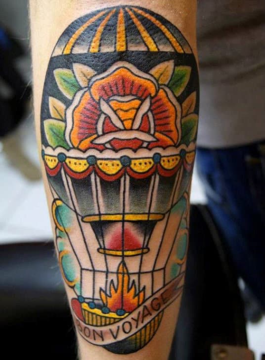 Old School Bon Voyage Hot Air Balloon Floral Tattoos For Men