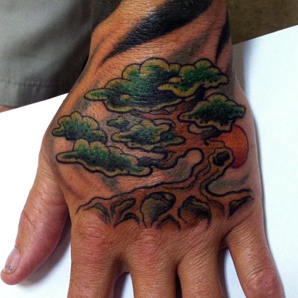 Old School Bonsai Tree Male Tattoo On Hand With Rising Run