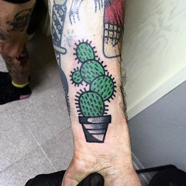 Old School Cactus Wrist Tattoo For Guys