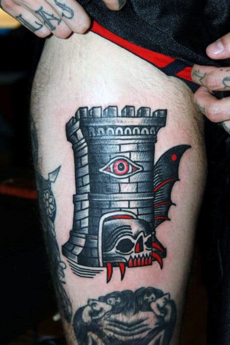 Old School Castle With All Seeing Eye And Skull Male Thigh Tattoo