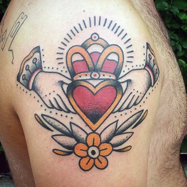 Old School Claddagh Upper Arm Male Tattoos