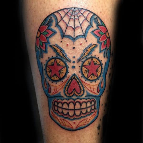 Old School Colorful Sugar Skull Male Tattoos