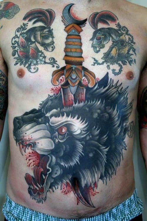 Old School Dagger Through Wolf Male Chest Tattoos
