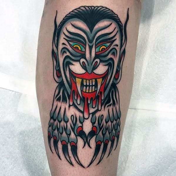 Old School Dracula Vampire Mens Leg Tattoos
