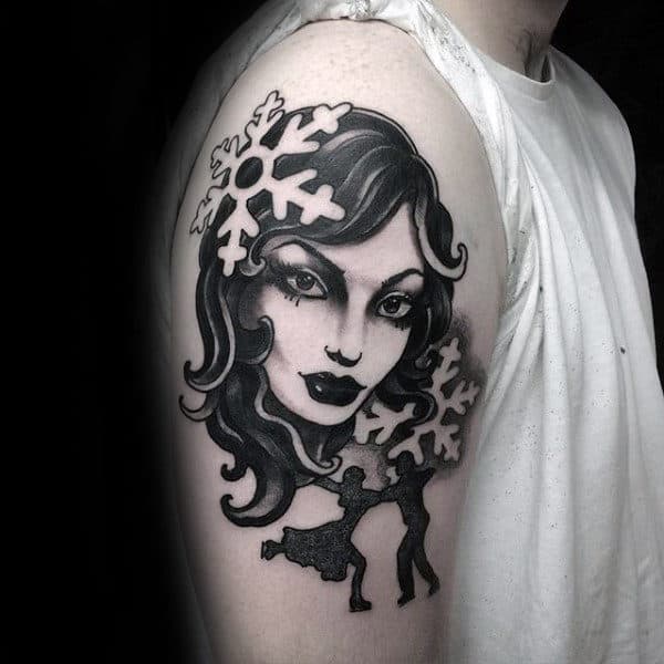 Old School Female Portrait Guys Snowflake Tattoo On Upper Arm