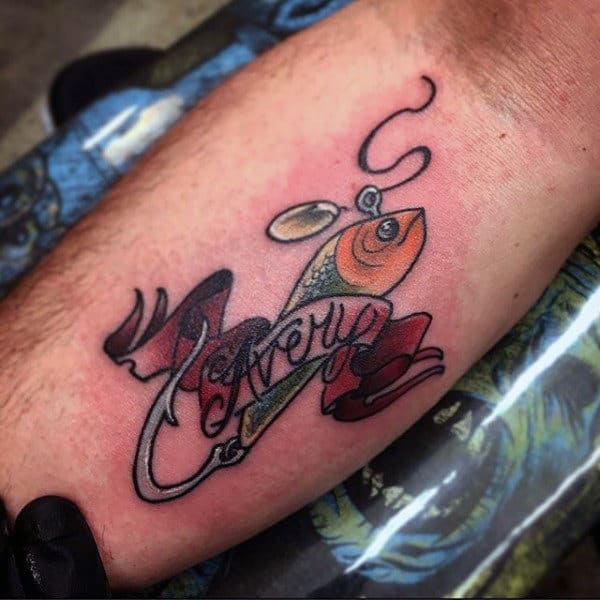 Old School Fish Hook Lure Mens Tattoo On Bicep