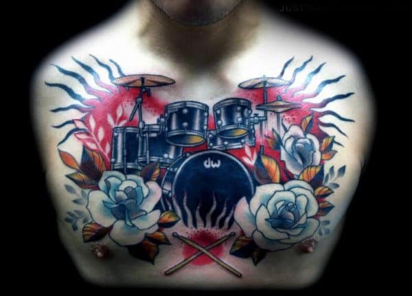 Old School Floral Upper Chest Guys Drum Tattoo Ideas