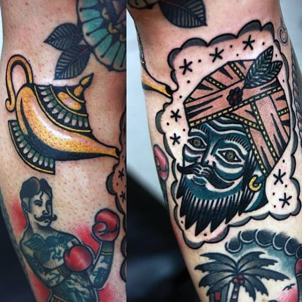 Genie lamp tattoos feature a figure in a turban, a boxer, and palm tree leaves
