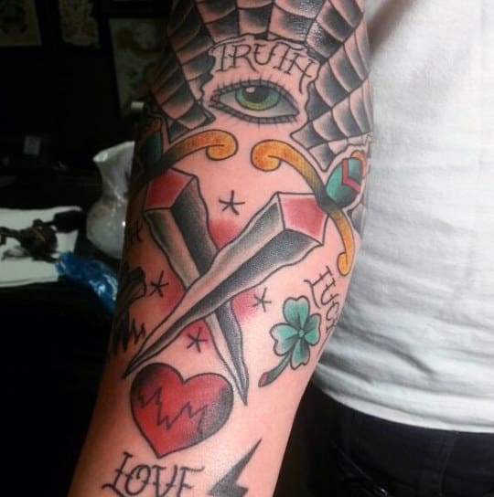 Old School Four Leaf Clover Male Tattoo On Arm