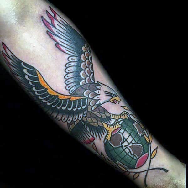Old School Globe Eagle Male Forearm Tattoo