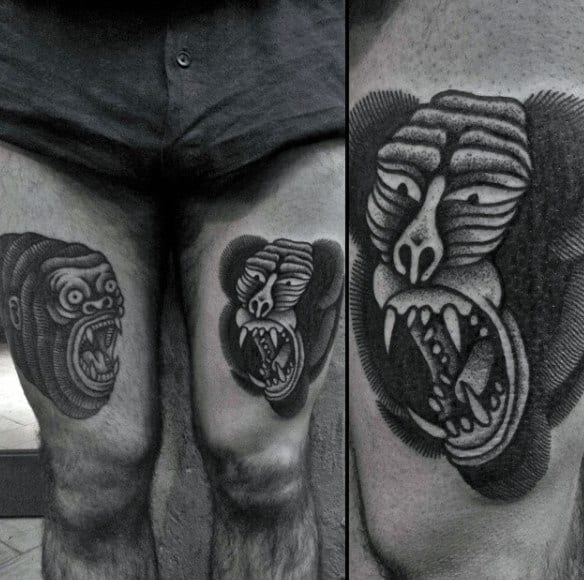 Old School Gorilla Tattoo On Guys Thigh