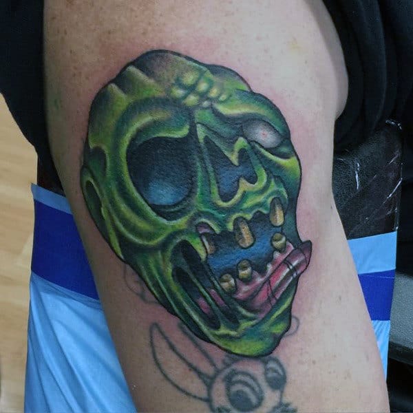 Old School Green Face Graffiti Zombie Tattoo For Guys On Arm