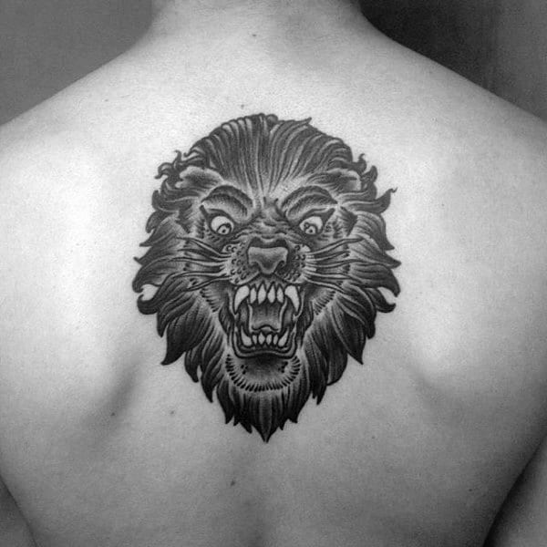 Old School Guys Angry Roaring Lion Upper Back Tattoo