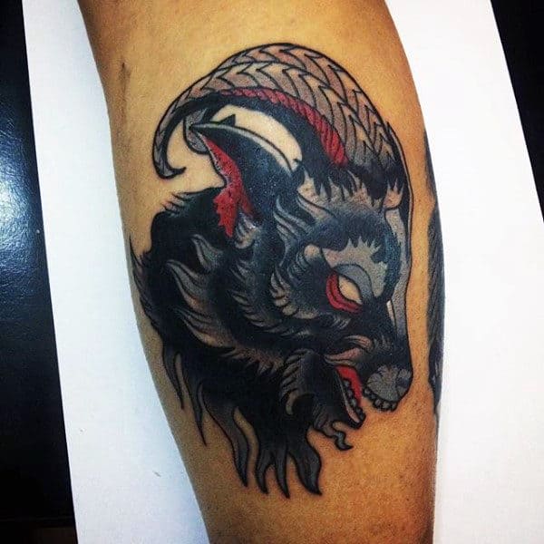 Old School Guys Blue Goat Leg Tattoos