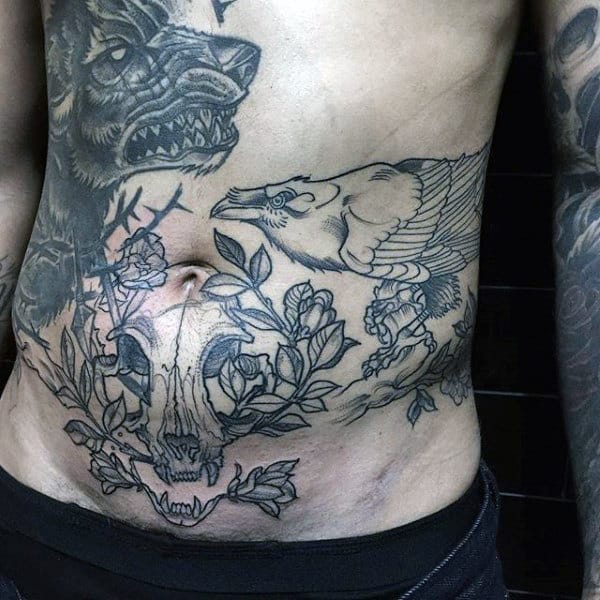 Old School Guys Crow Stomach Tattoos