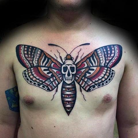 Old School Guys Decorative Moth Upper Chest Tattoos