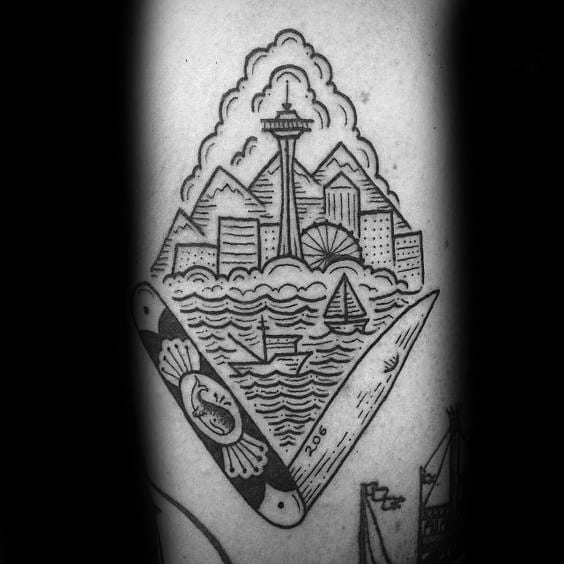 Old School Guys Detailed Seattle Skyline Arm Tattoo