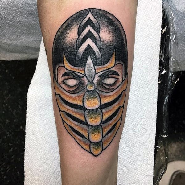 Old School Guys Face Mortal Kombat Tattoo On Forearm