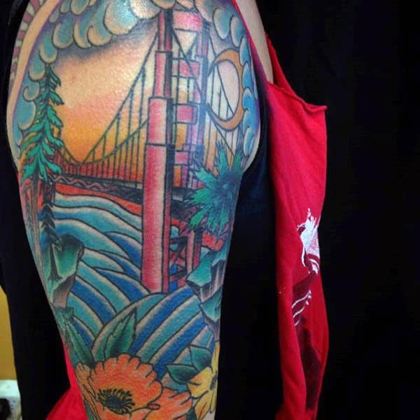 Old School Guys Golden Gate Bridge Half Sleeve Tattoos