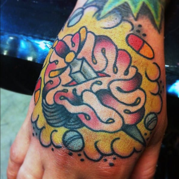 Old School Guys Hands Knife Slicing Through Brain Tattoo