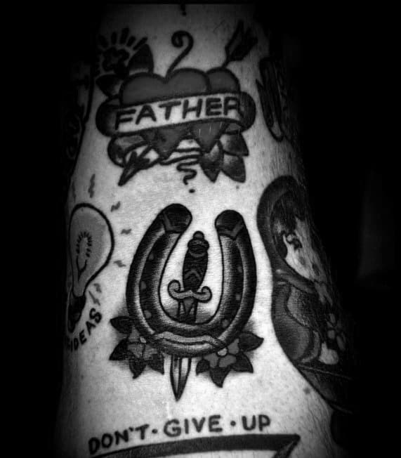 Old School Guys Horseshoe Dagger Arm Tattoos
