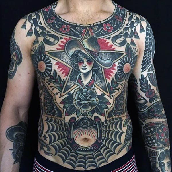 Old School Guys Horseshoe Full Chest Tattoos