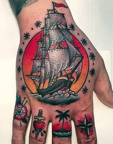 Old School Guys Nautical Ship Hand Tattoos