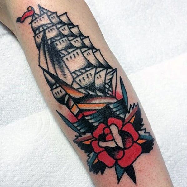 Old School Guys Outer Forearm Tattoo Of Traditional Ship And Rose Flower
